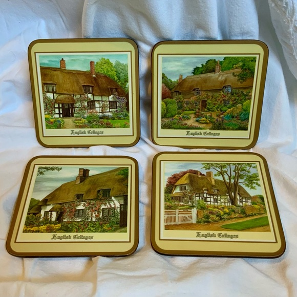 Vintage Pimpernel Coasters English Cottages England Scarlet 4 Inch Set Of 4 Cork - Picture 1 of 6